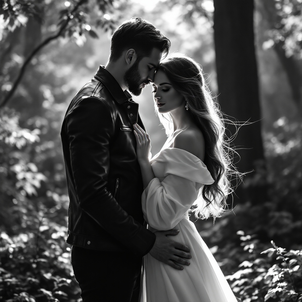 Black & white photo, film photography, posing in a forested area wearing basic outfits, natural light