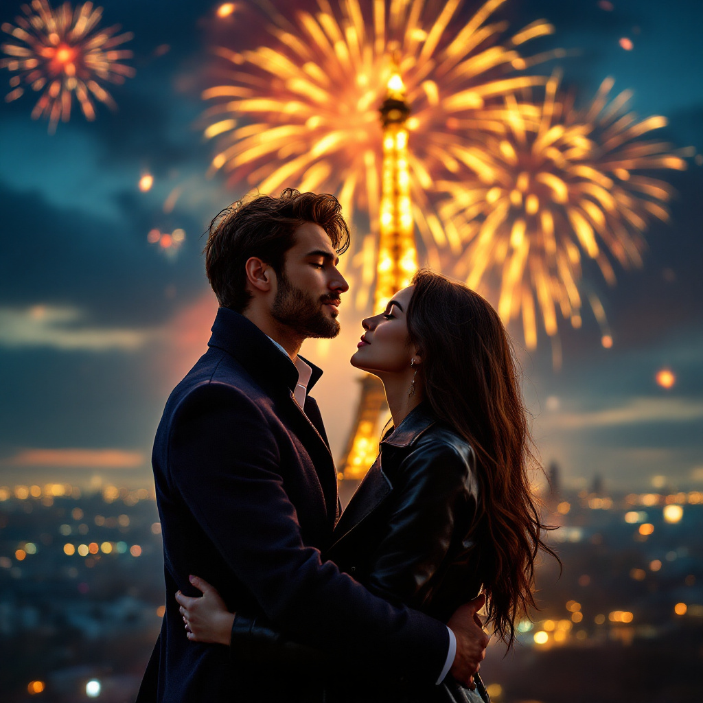 In front of the Eiffel Tower, at night, fireworks in the background