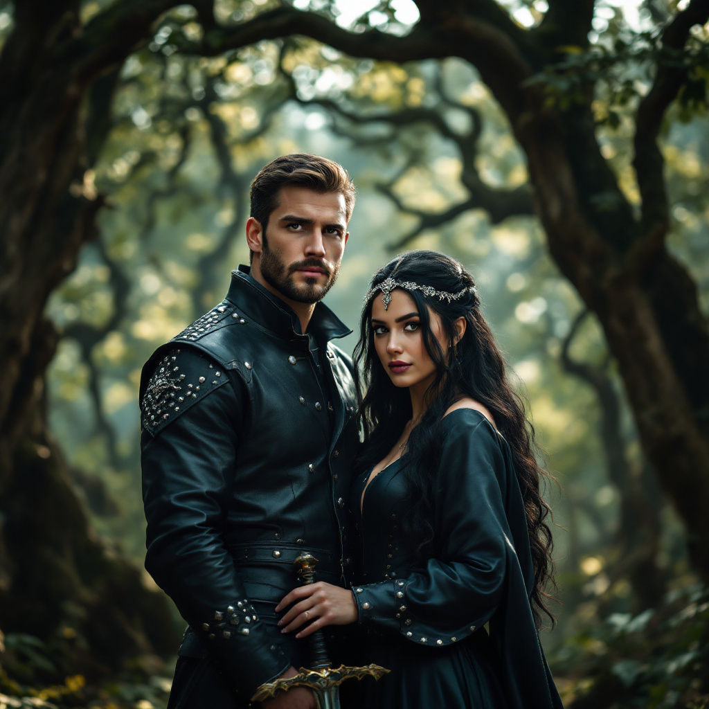 Medieval outfits, posing in a forest, the man is holding a sword)