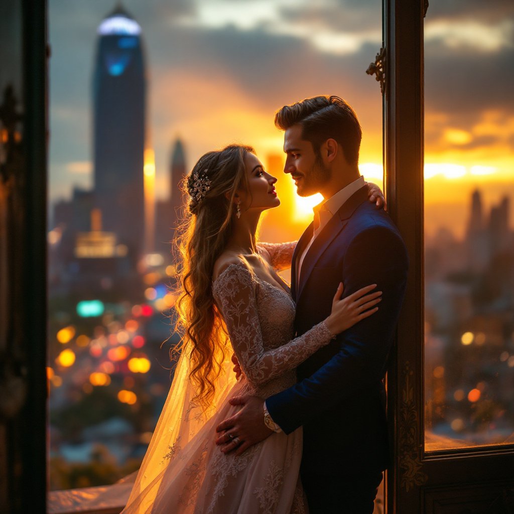 Beam of light being cast down on the couple, modern style, unique pose, social media trending photo, visually stunning