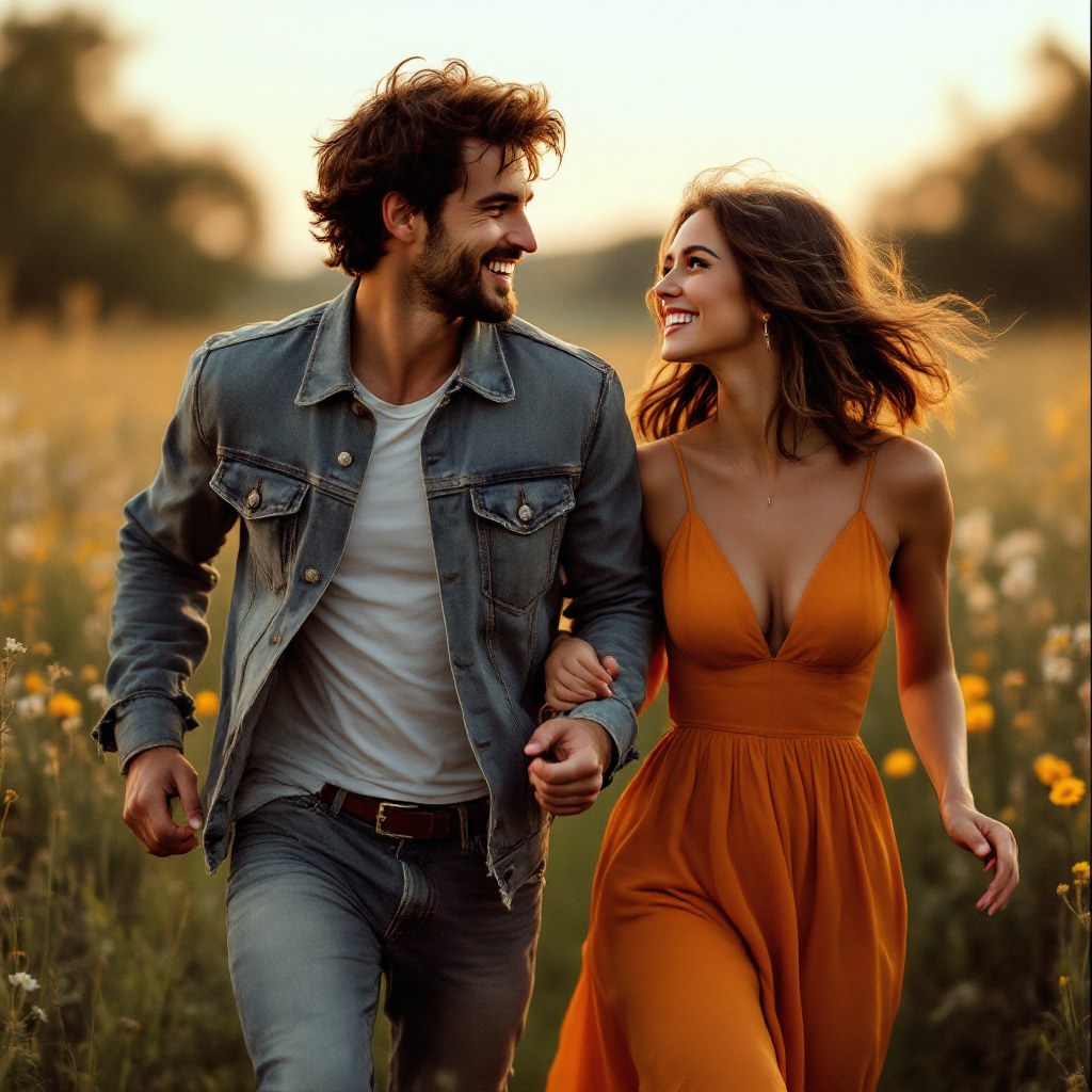 Couple running together, wearing colorful outfits, early 2000s digital camera