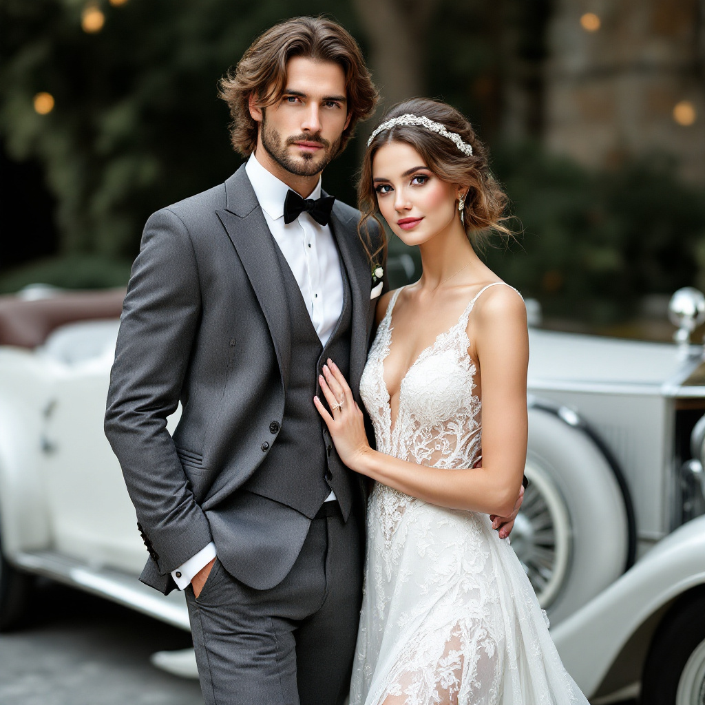 In 1920s attire theme, posing in front of a vintage car